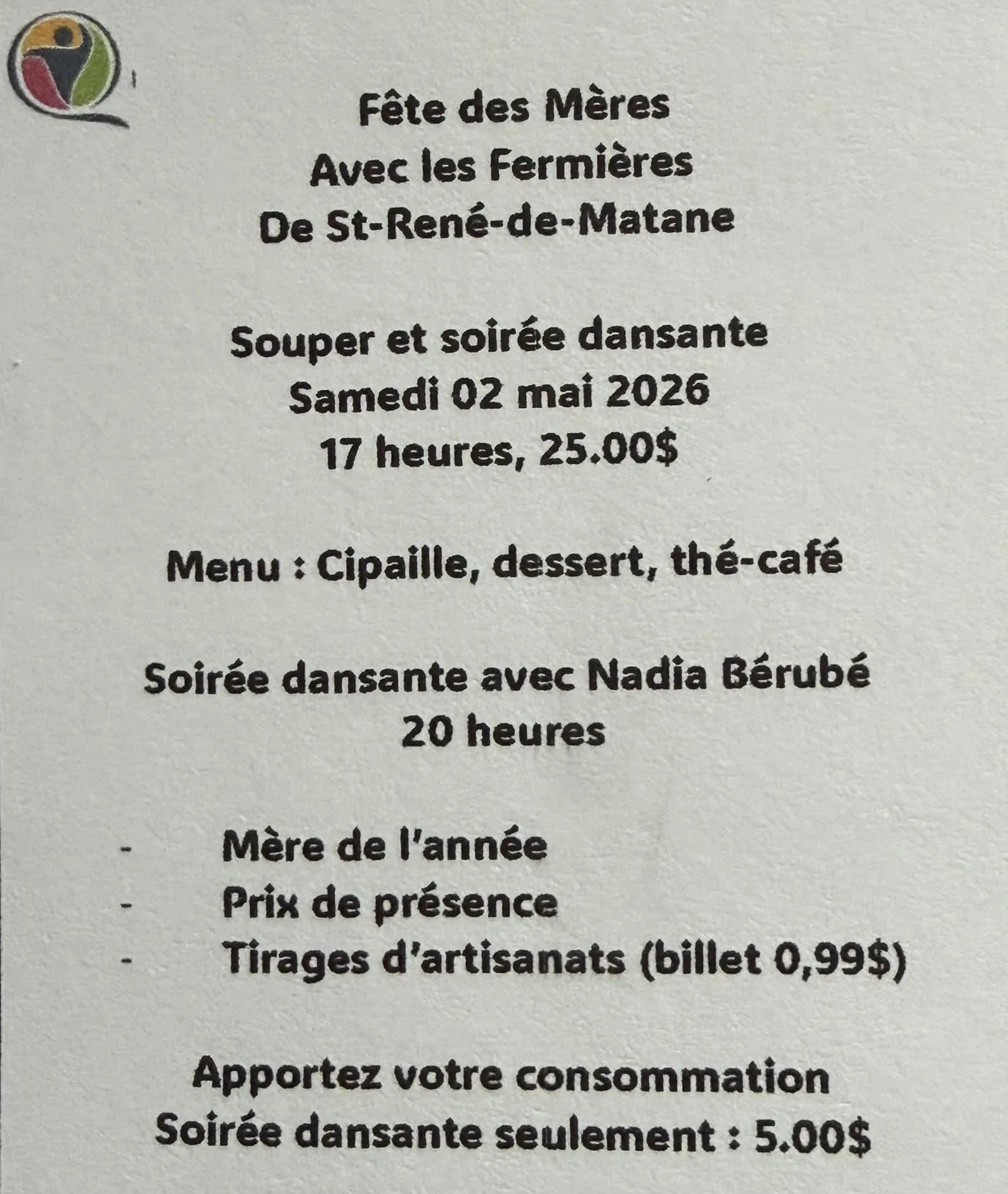 Souper et soirée de la Fête des Mères de Saint-René-de-Matane