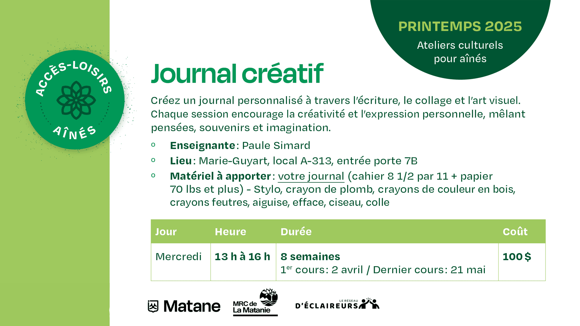 Ateliers culturels pour personnes aînées - journal créatif