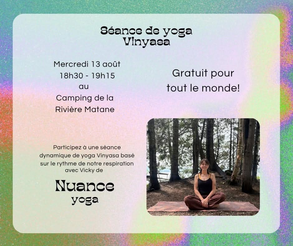 Séance de yoga au Camping de la Rivière Matane